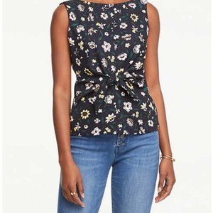 Floral Tie Waist Shell Top Medium Navy Business